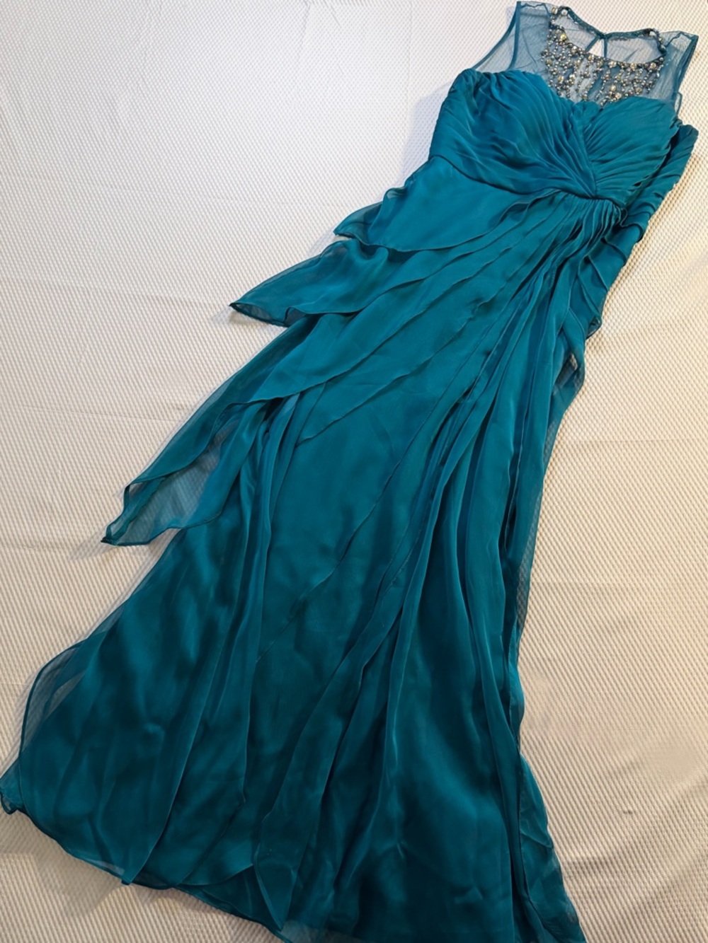 Adrianna Papell Teal Prom Dress Chiffon Beaded Neck Maxi Gown 6 Petite